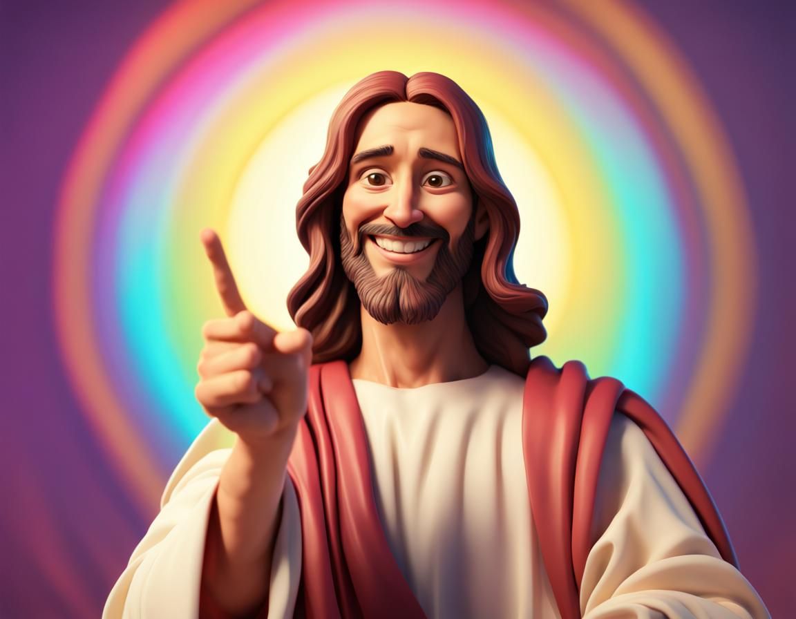 Smiling Jesus Christ Points at Camera in Pixar Style