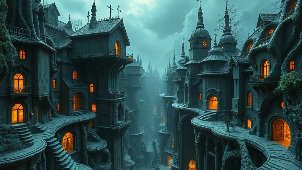 Mysterious, Escher-Inspired Cityscape in a Dreamlike World