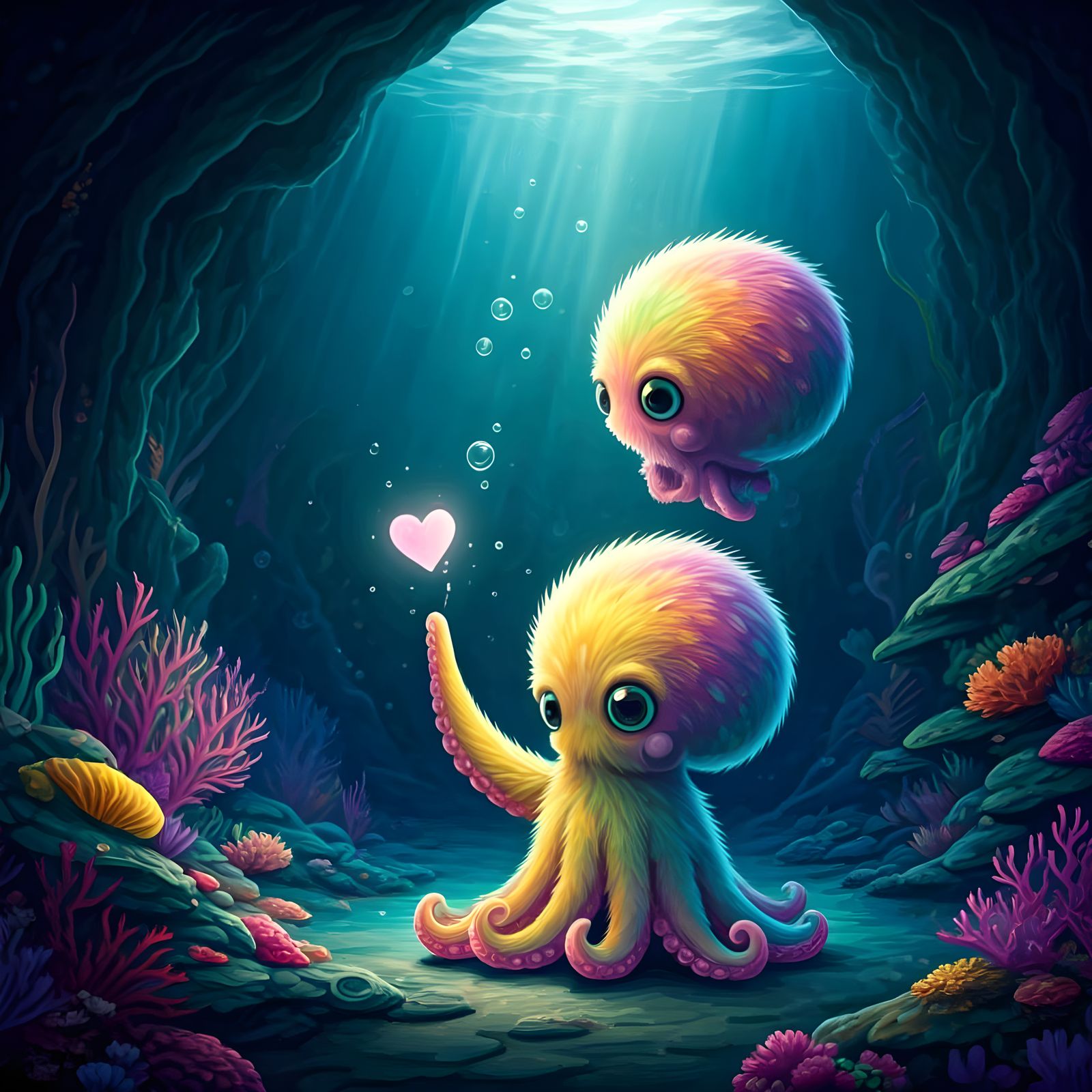 Rainbow Fur Octopus Touches Reflection in Portal