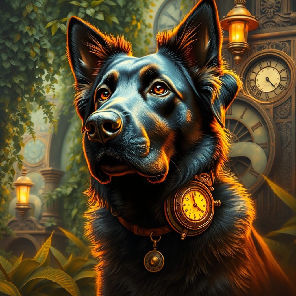 Majestic Dog with Clockwork Collar in Whimsical Steampunk Wo...