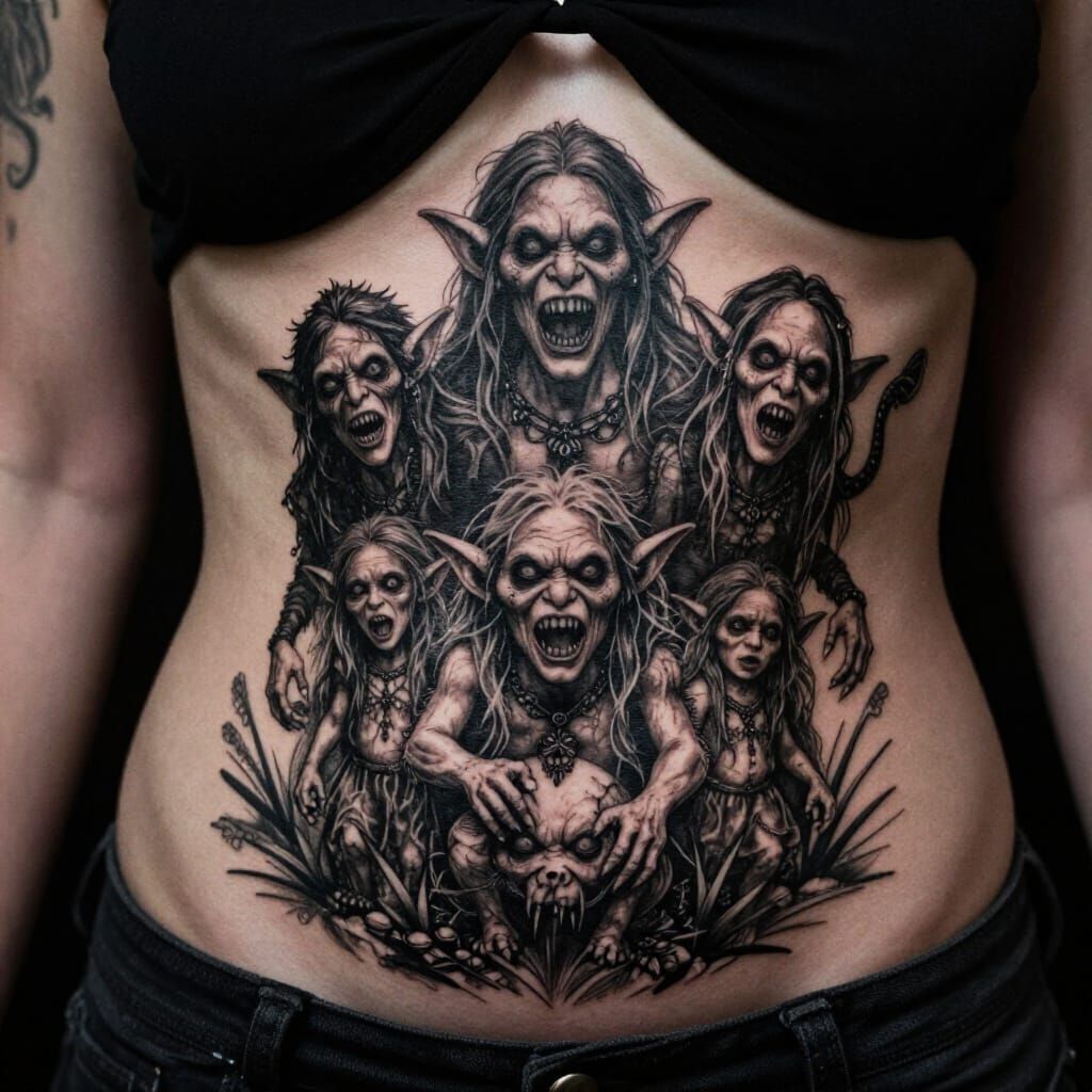 Scary Goblin Family Tattoo Design in Dark Gothic Style