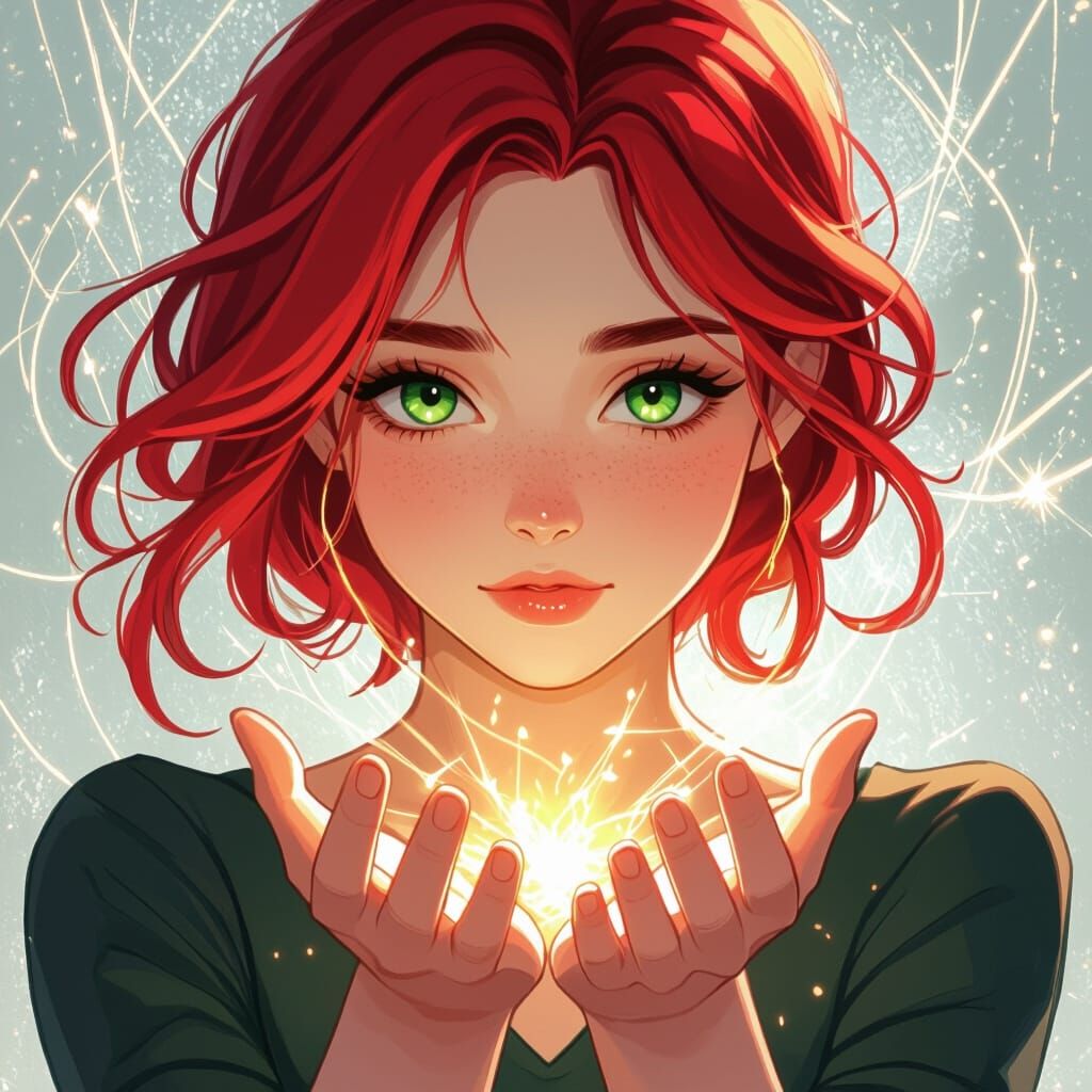 Anime Woman with Red Hair and Green Eyes