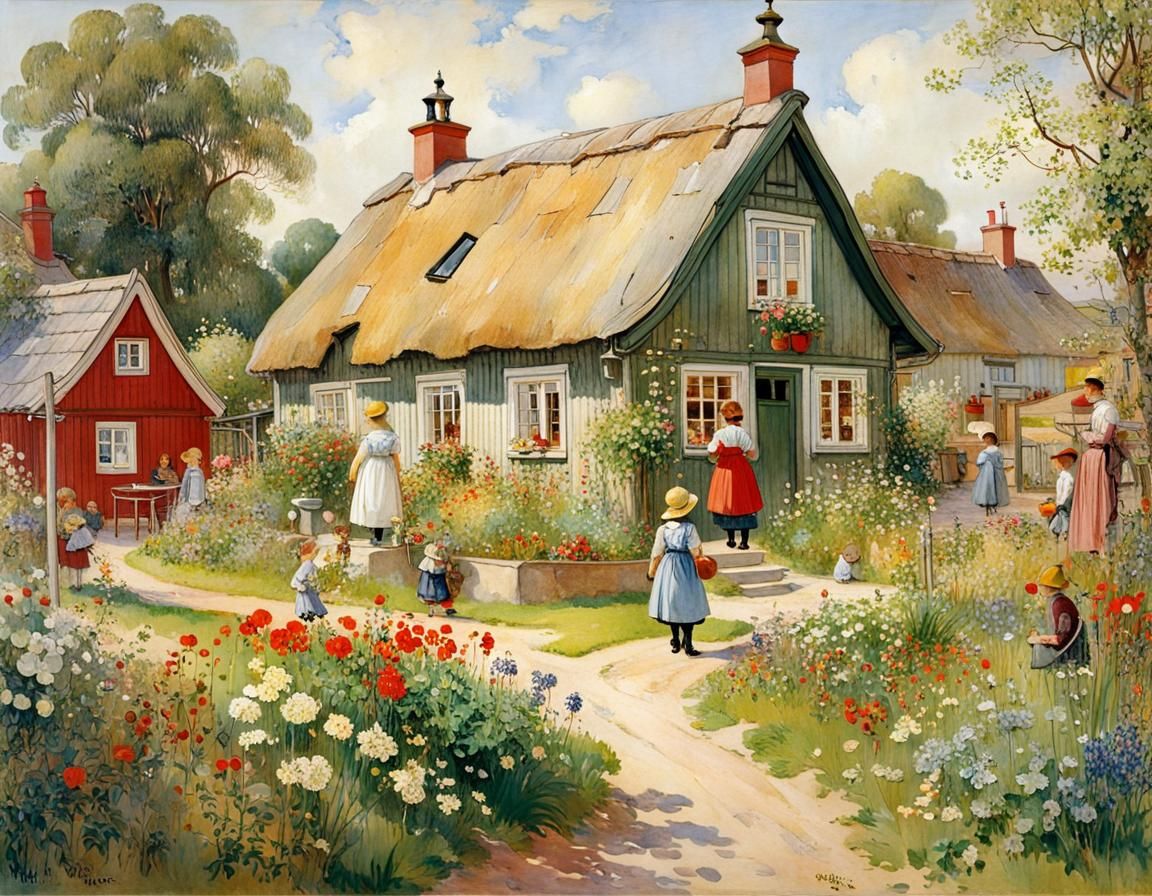 Cozy Village Morning Light with Blooming Gardens and Childre...