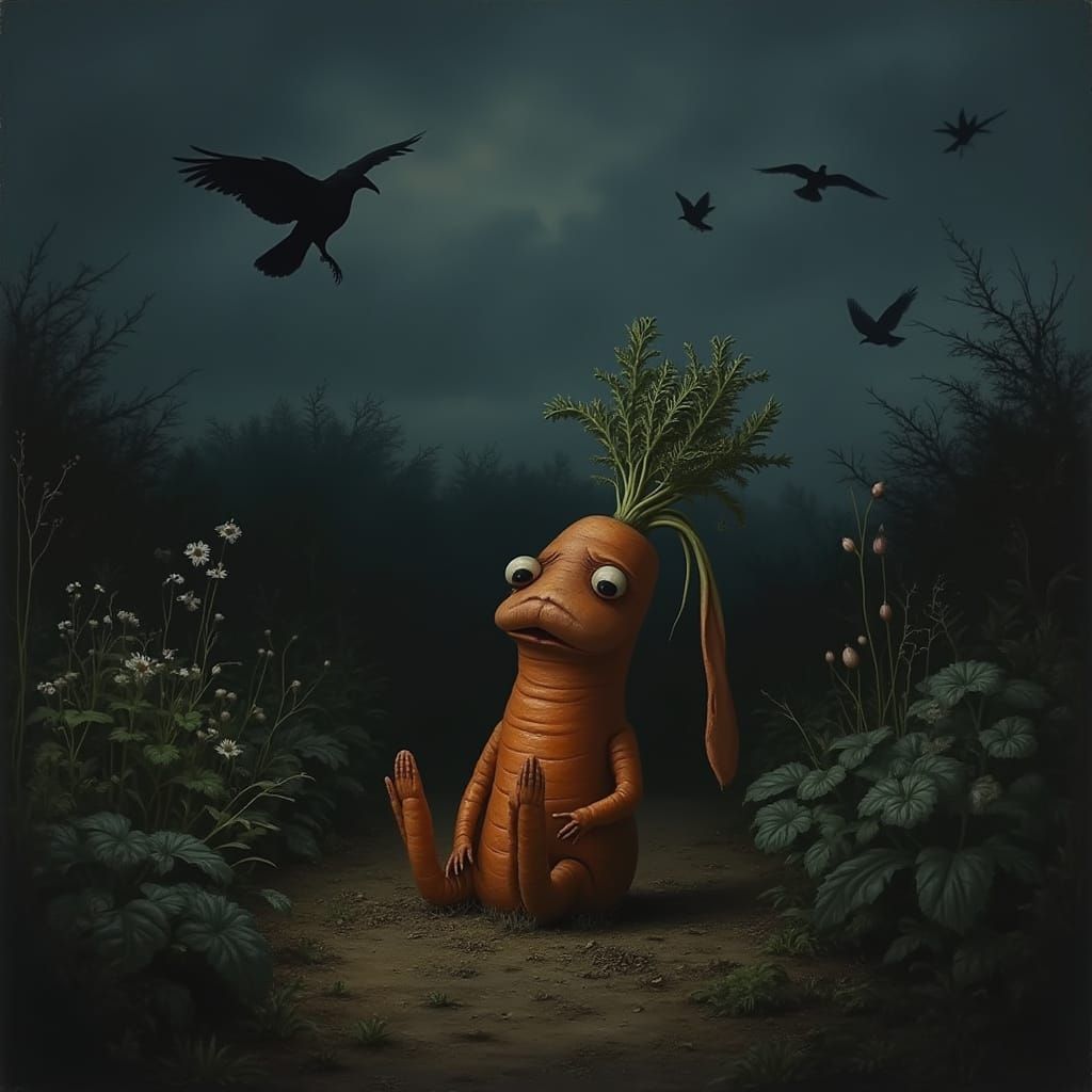 Sad Carrot-Rabbit in Twilight Garden with Crows