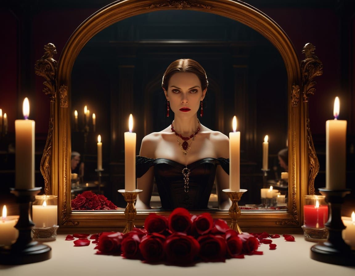Woman Preparing for Vampire Ball in Ornate Mirror
