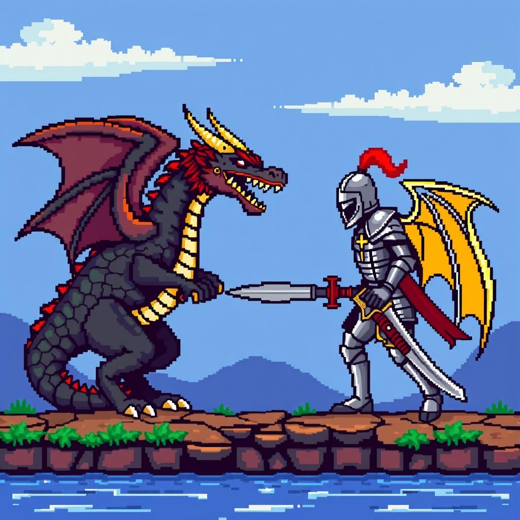Dragon Versus Knight: Retro 8-Bit Pixel Art