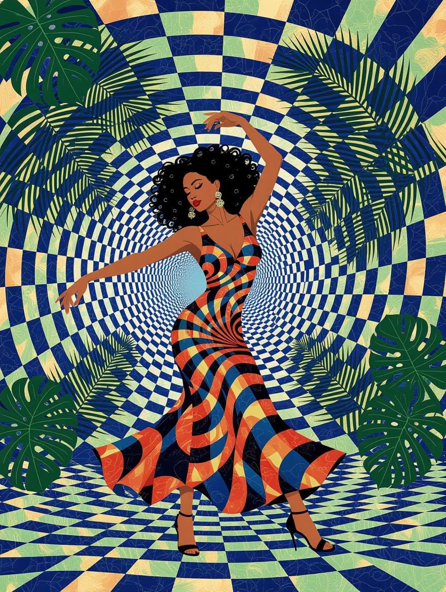 Vibrant Mambo Dance in Shimmering Blue and Copper