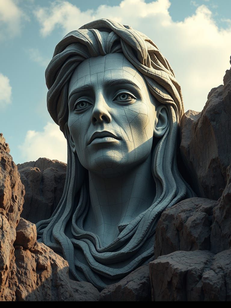 Art Statue in Cliffs, Hyper-Detailed Portrait Style