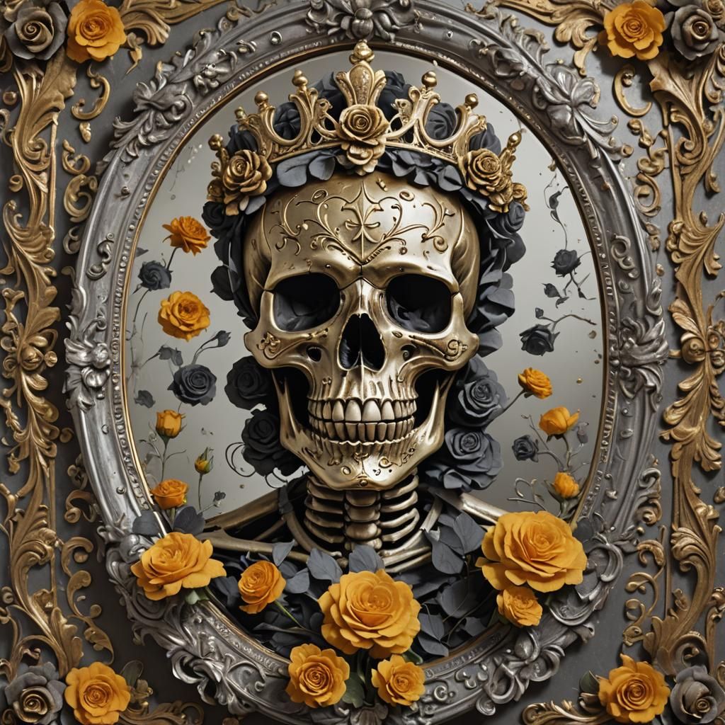 Ornate Sugar Skull Skeleton Gazing into Mirror