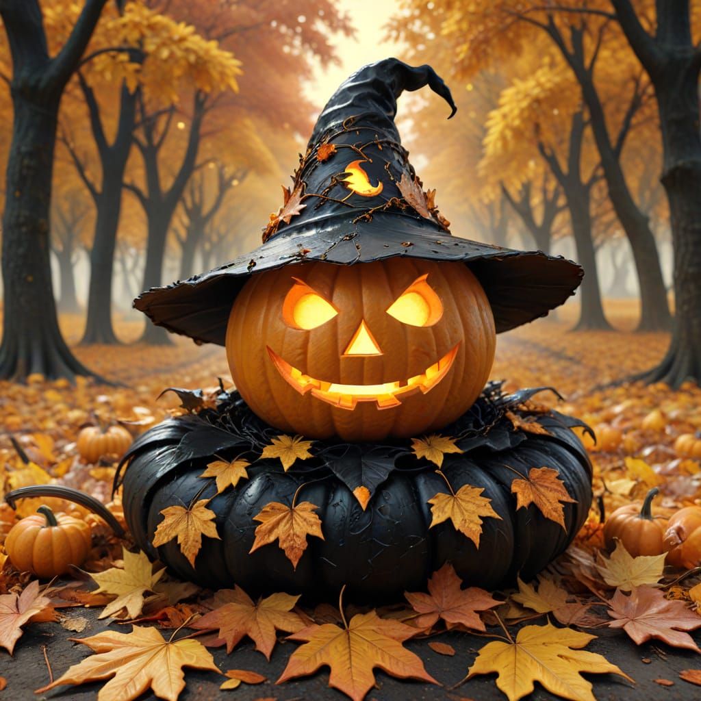 Jack-o'-Lantern in Witch Hat with Glowing Autumn Leaves