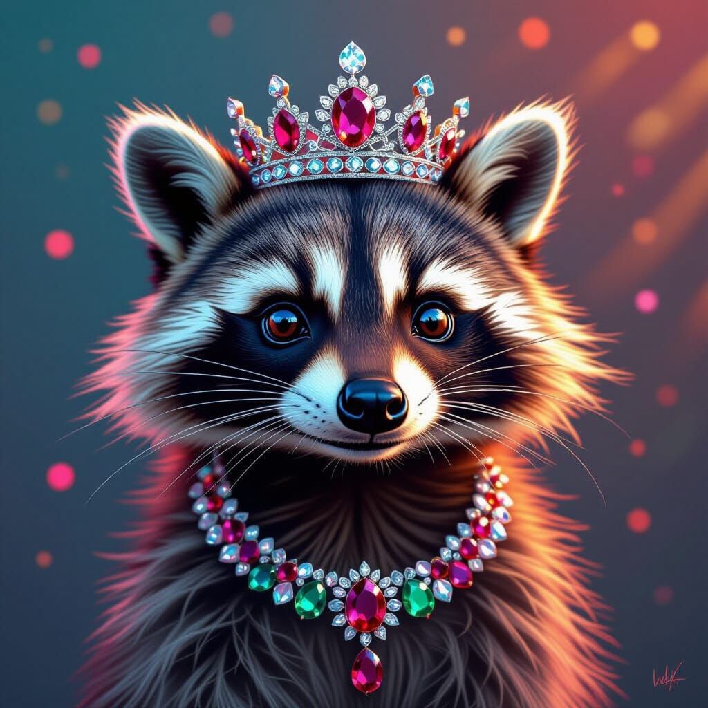 Fashionable Raccoon with Diamond Crown and Jewel Tiara