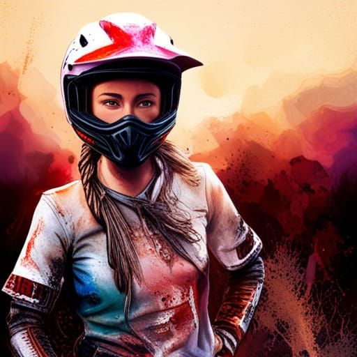 Dirt Biker Girl Portrait in Hyperrealistic Splash Art