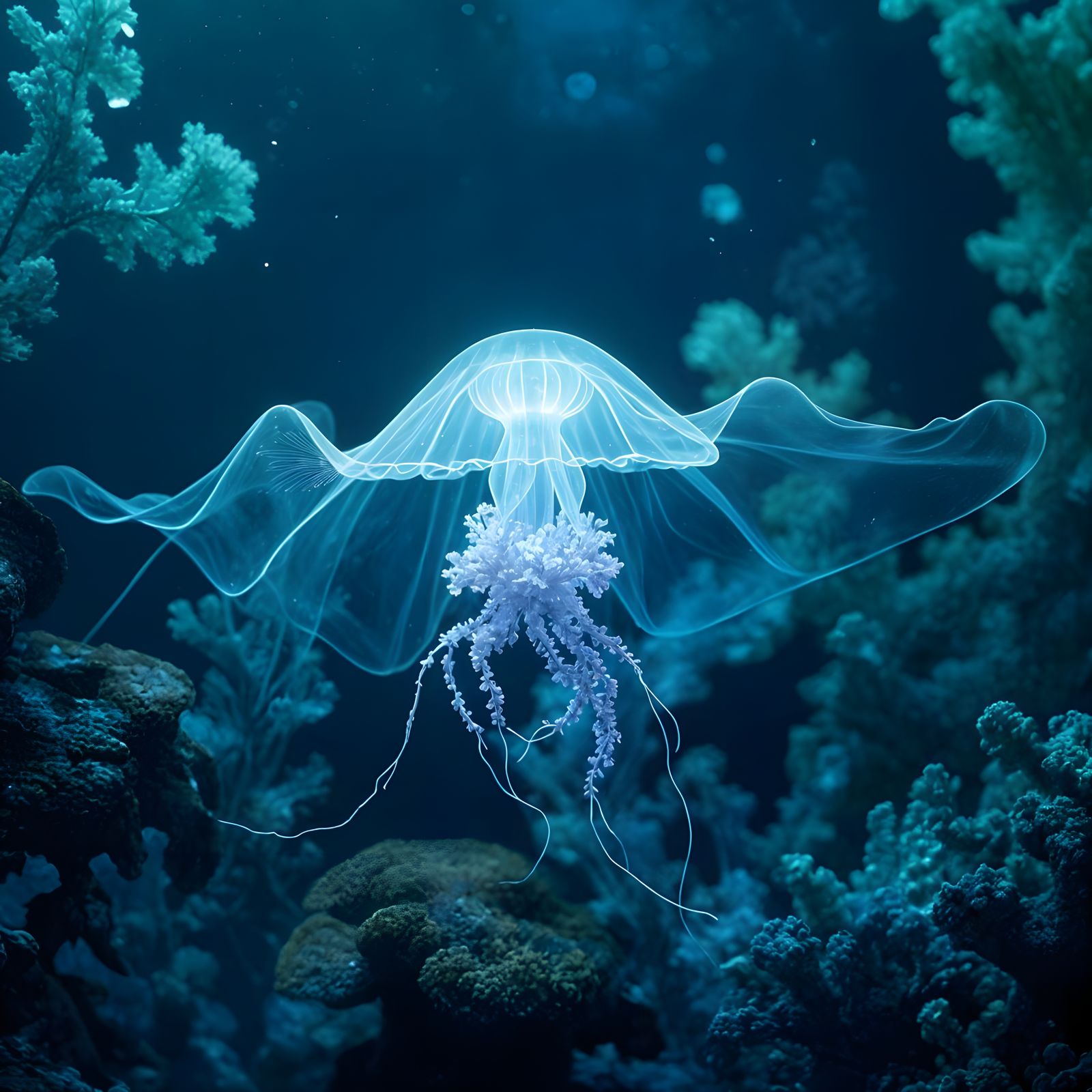 Bioluminescent Jellyfish Drifting Through Glass Coral Reef