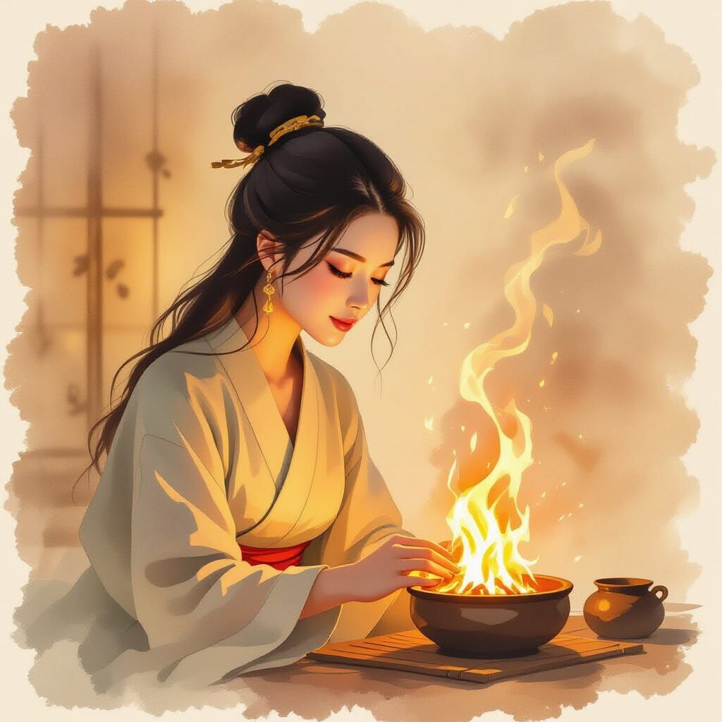 Ethereal Watercolor Painting of Moxibustion Therapy