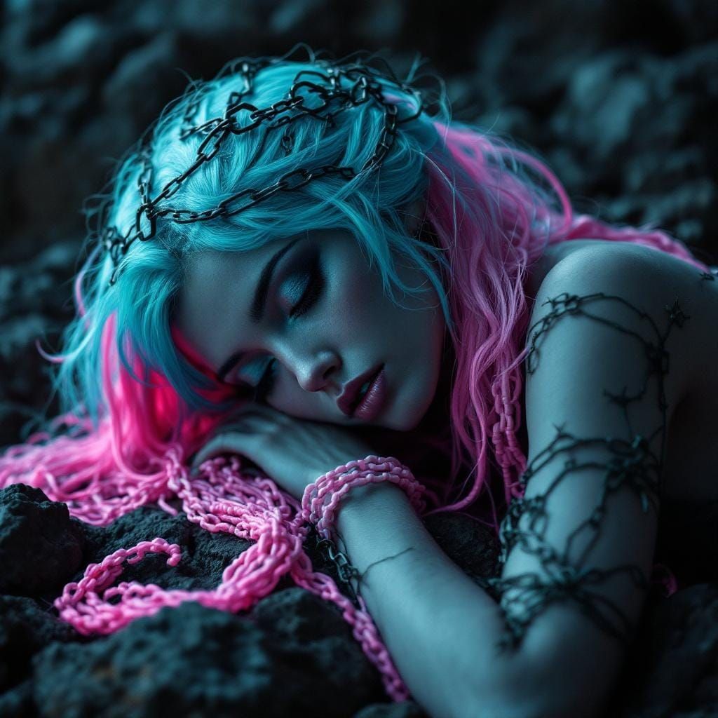 Nordic Woman with Neon Hair in Grayscale