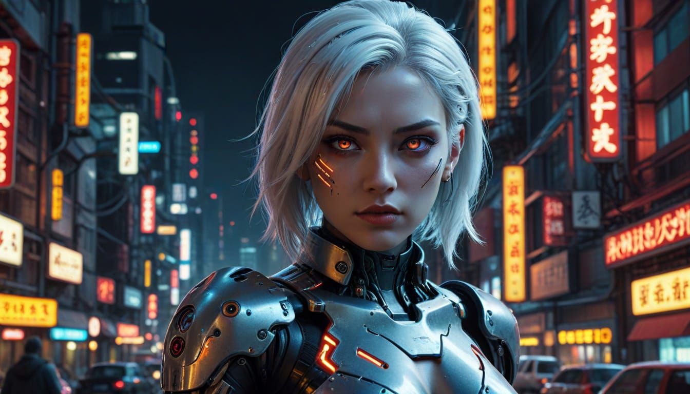 Cyberpunk Android with Neon City Lights