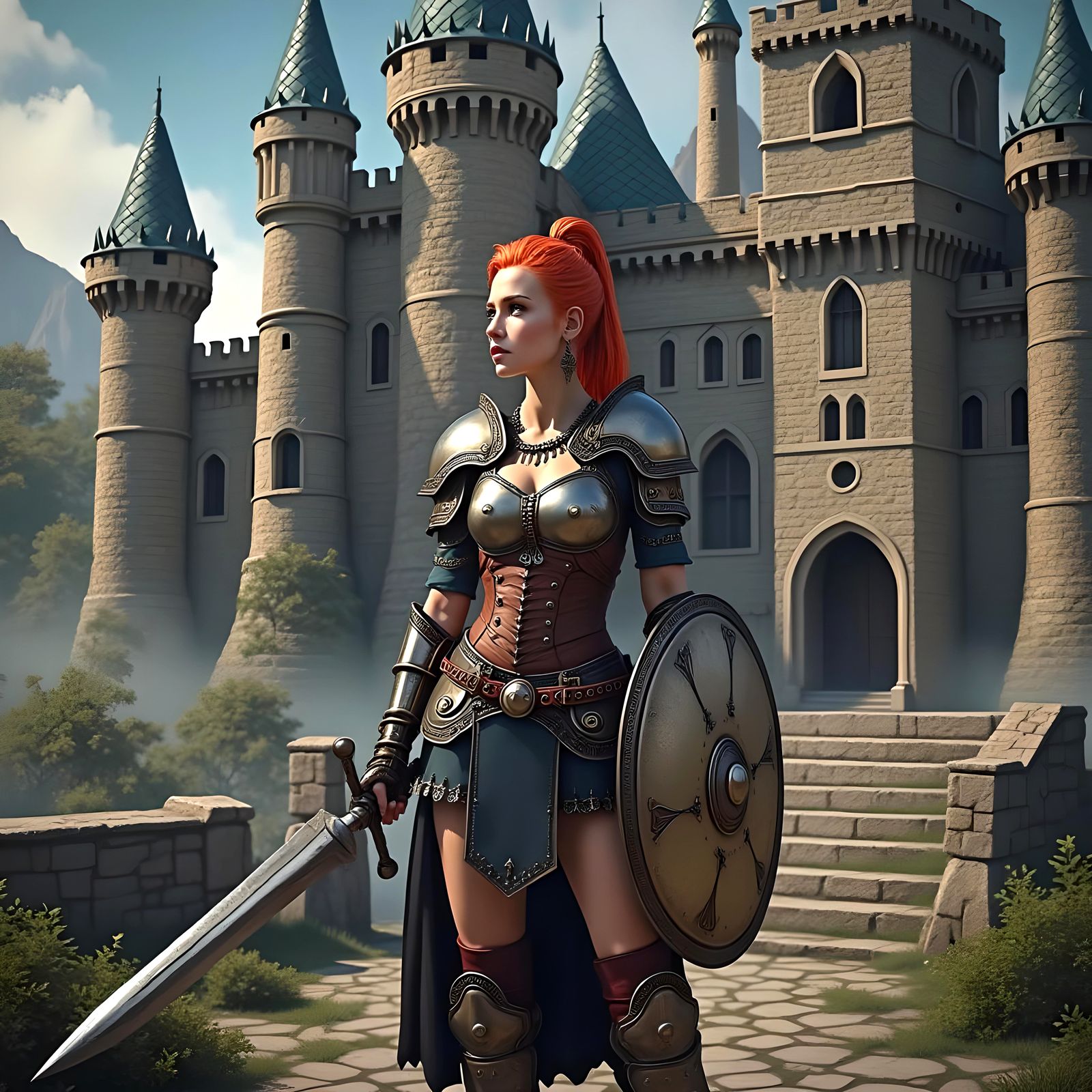 Female Warrior with Red Hair and Castle