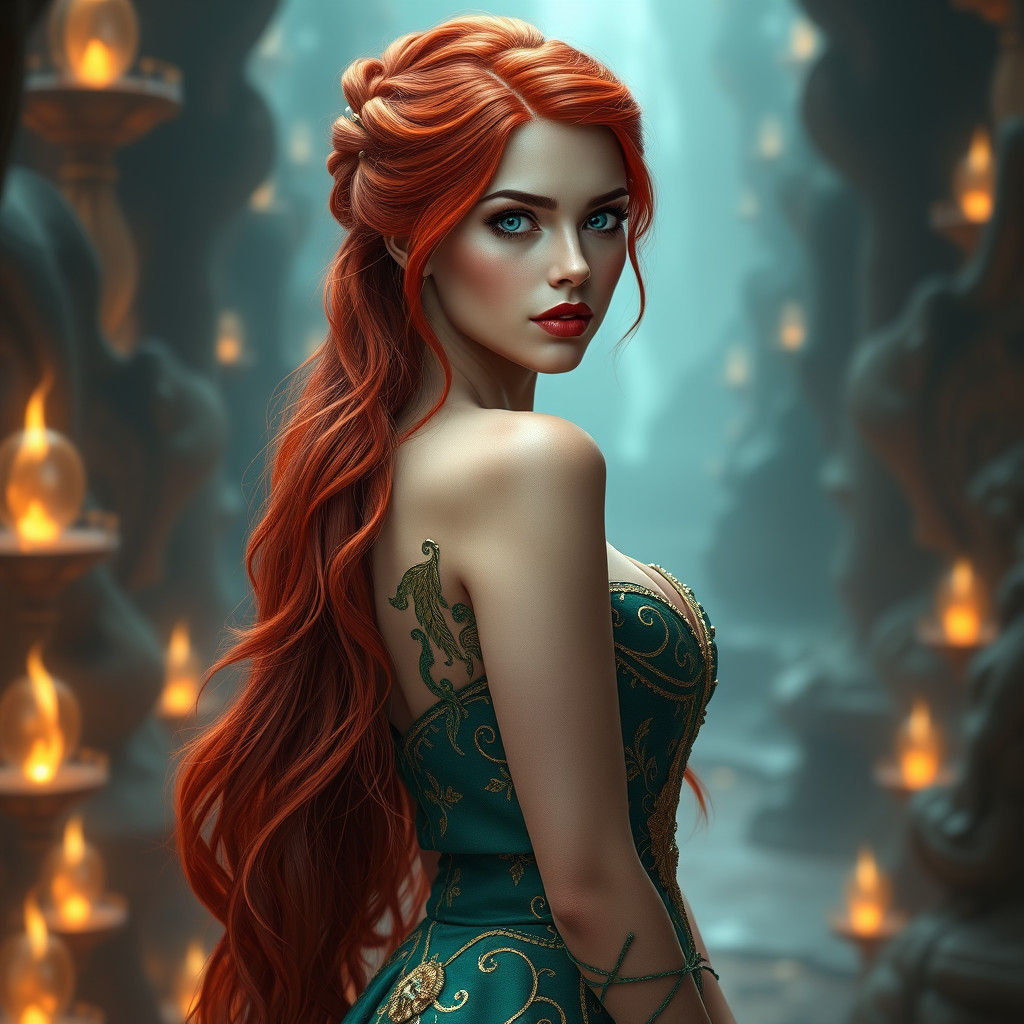 Mystical Woman in Emerald Gown, Fantasy Art