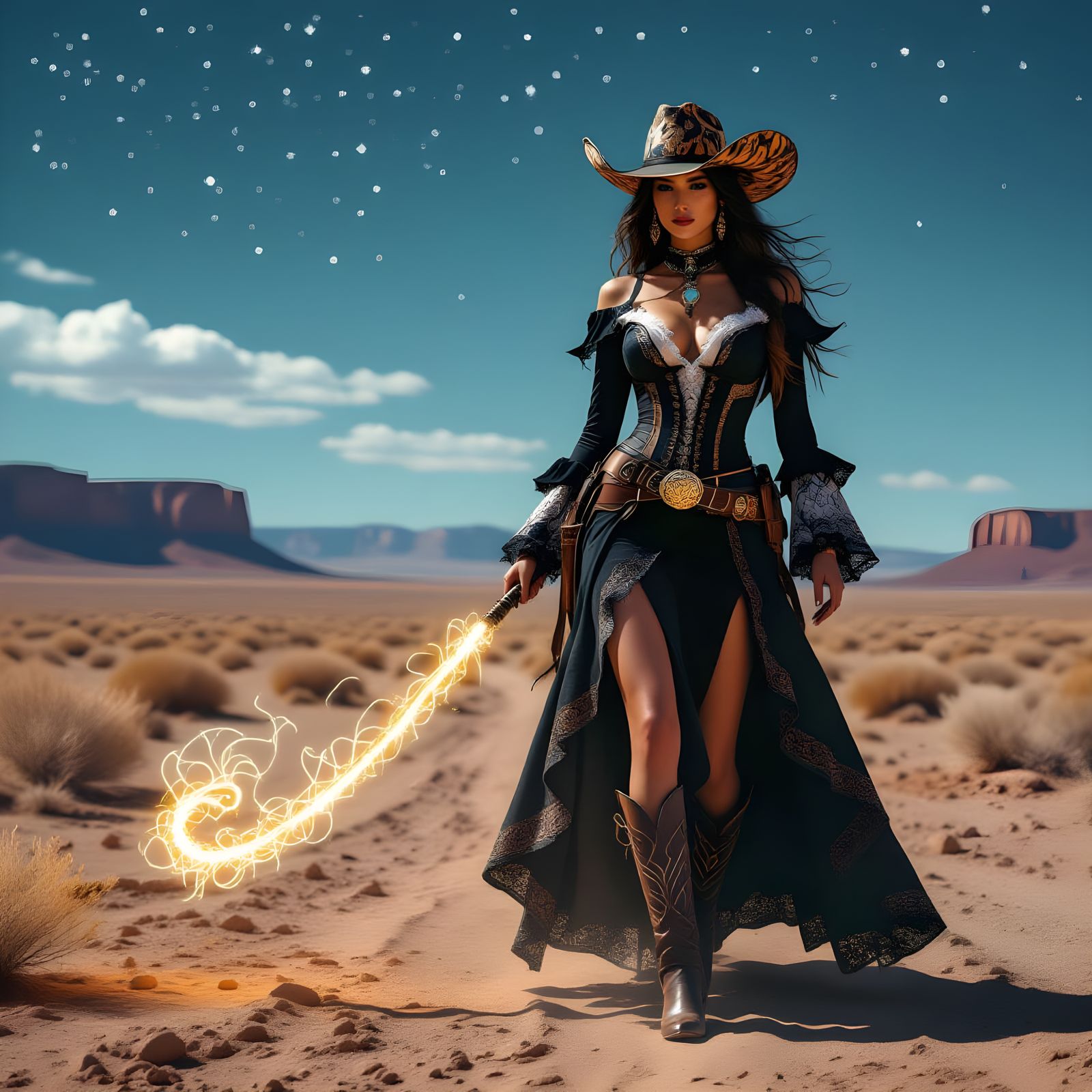 Elegant Cowgirl in Desolate Desert Landscape