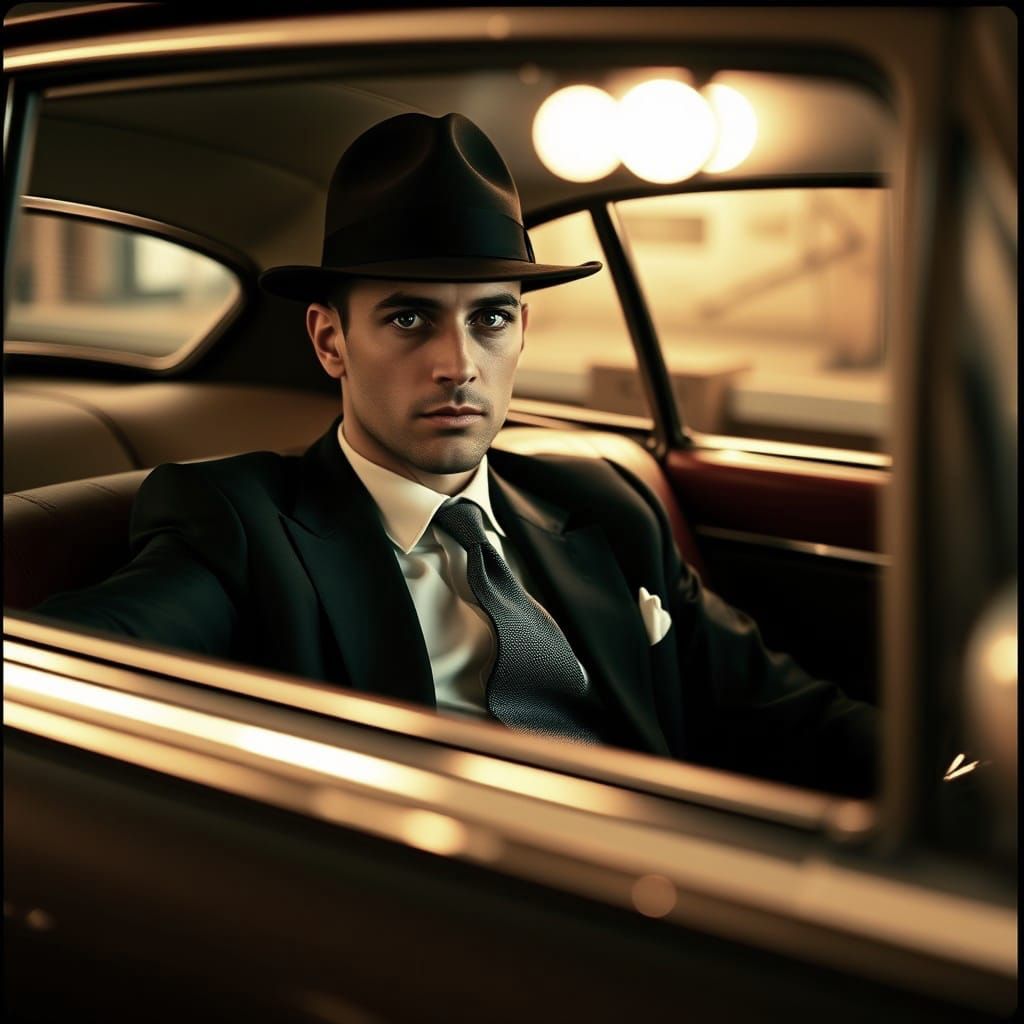 1950s Man in Car: Retro Cinematic Film Still