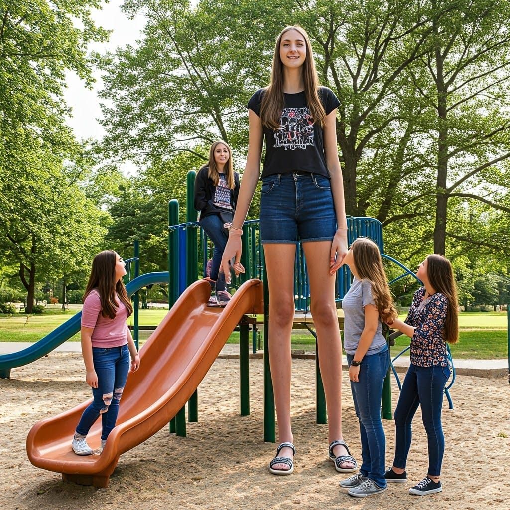 Giant Teen Girl Smiles Above Friends in Park