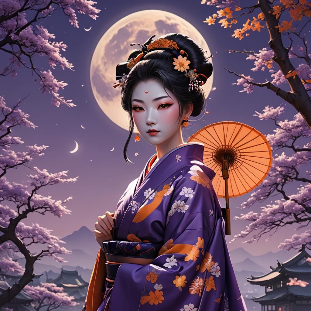 Anime Style Geisha in Purple and Orange Sky
