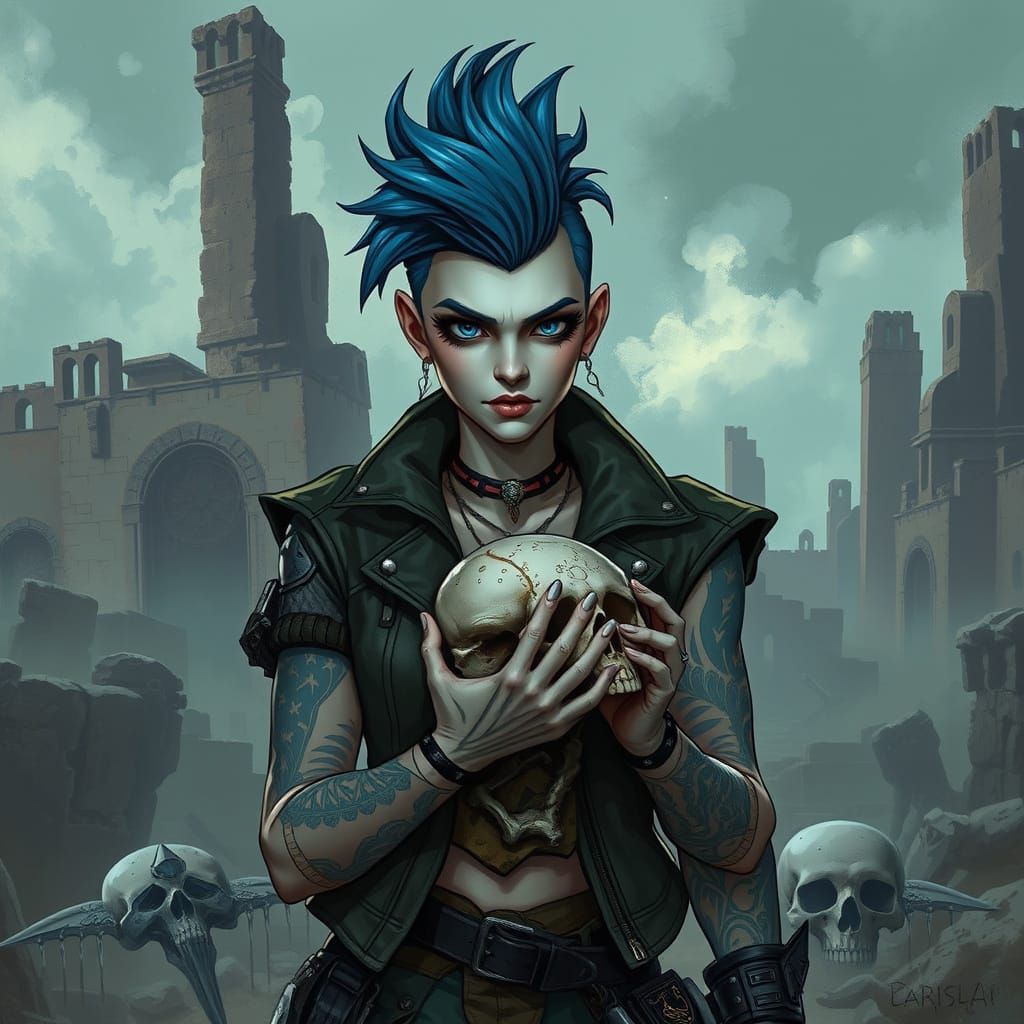 Harpy with Mohawk in Ruins, Gritty Mystical Art