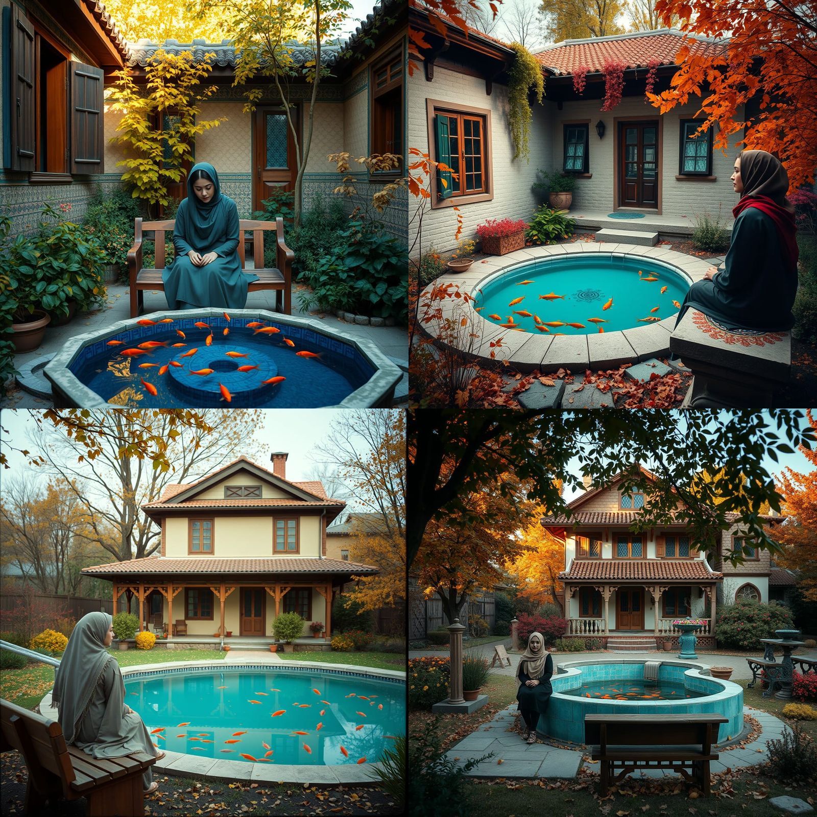 Iranian Home with Pool and Woman in Autumn