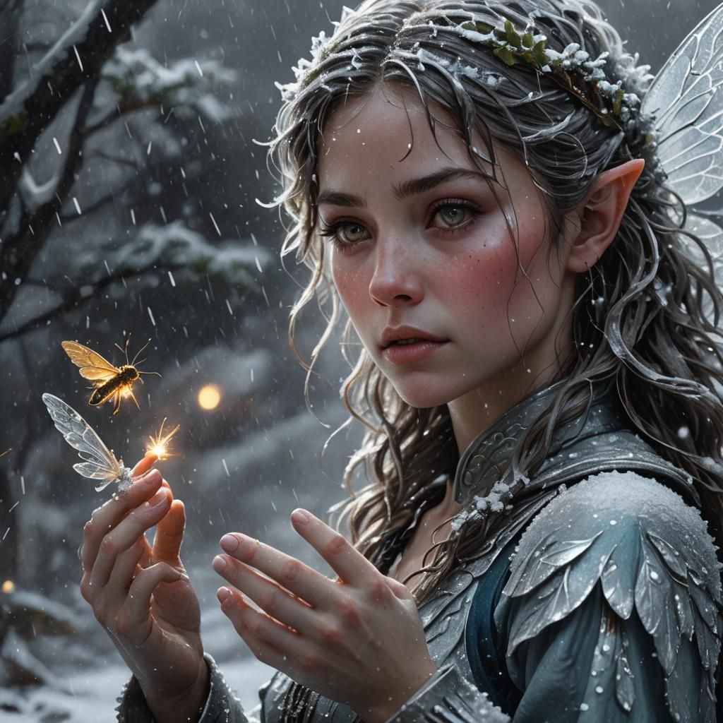 Fairy in Snowstorm with Firefly: Fantasy Concept Art