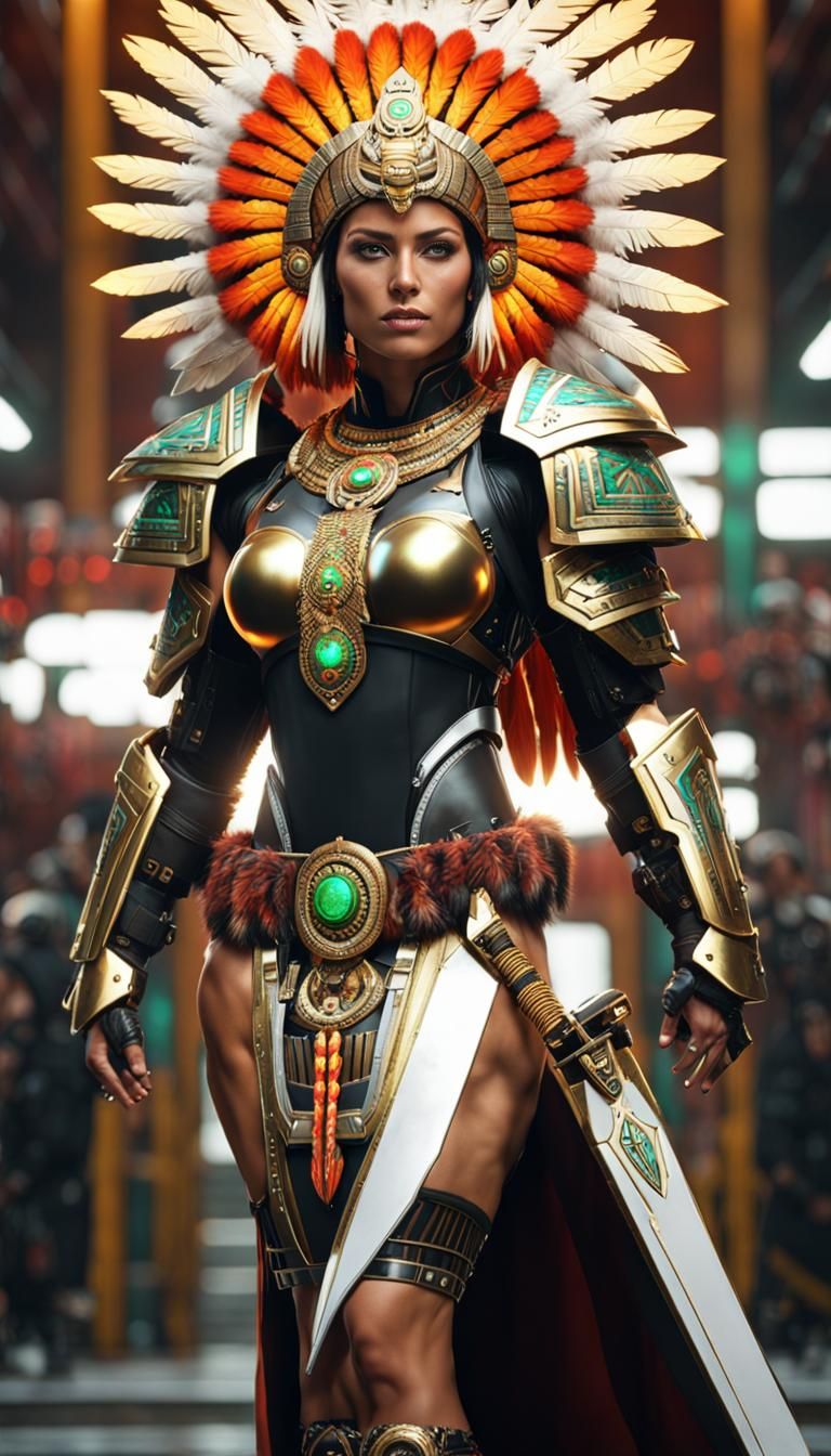 Aztec Warrior Woman in Cyberpunk Servo-Armor