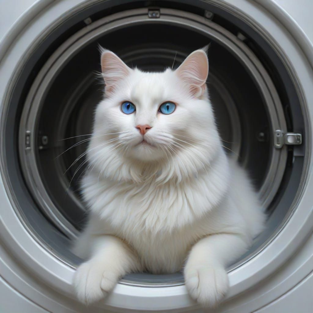 Fluffy Cat Peeks From Washing Machine in Art Nouveau Style