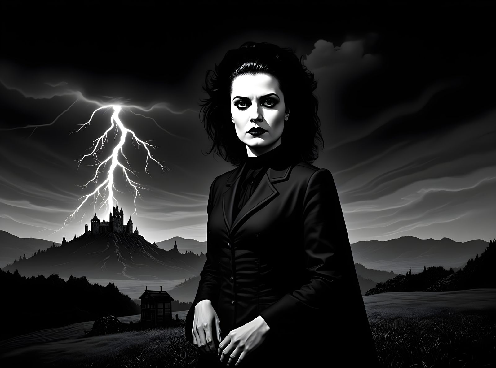 Bride of Frankenstein on Moor in Stormy Pointillism