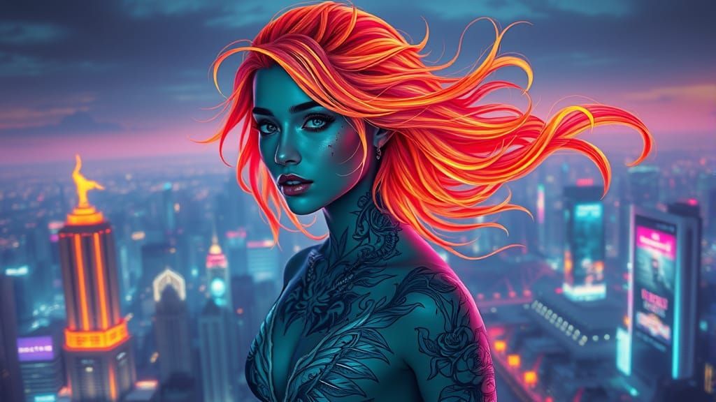 Neon Cyberpunk Goddess in Futuristic Cityscape