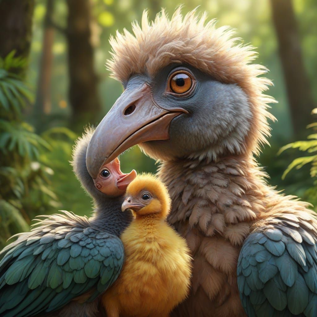 Adorable Dodo Bird Family in Whimsical Forest
