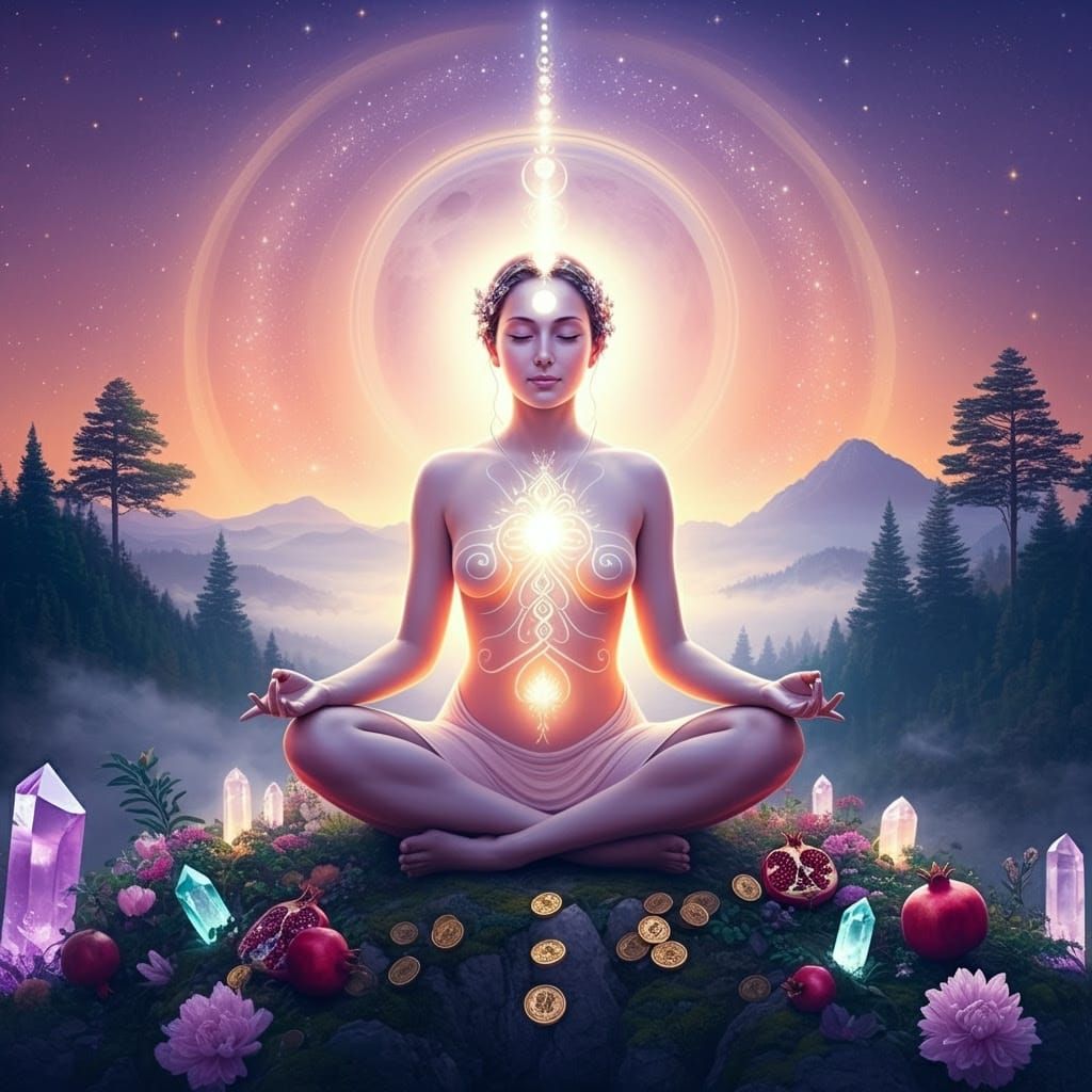 Serene Goddess in Ethereal Glow Amidst Blooming Paradise