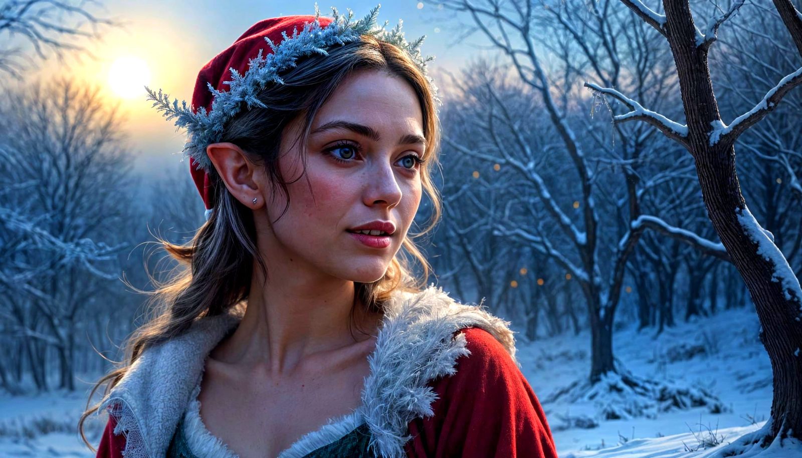 Beautiful Elf Santa in Ethereal Winter Sunset