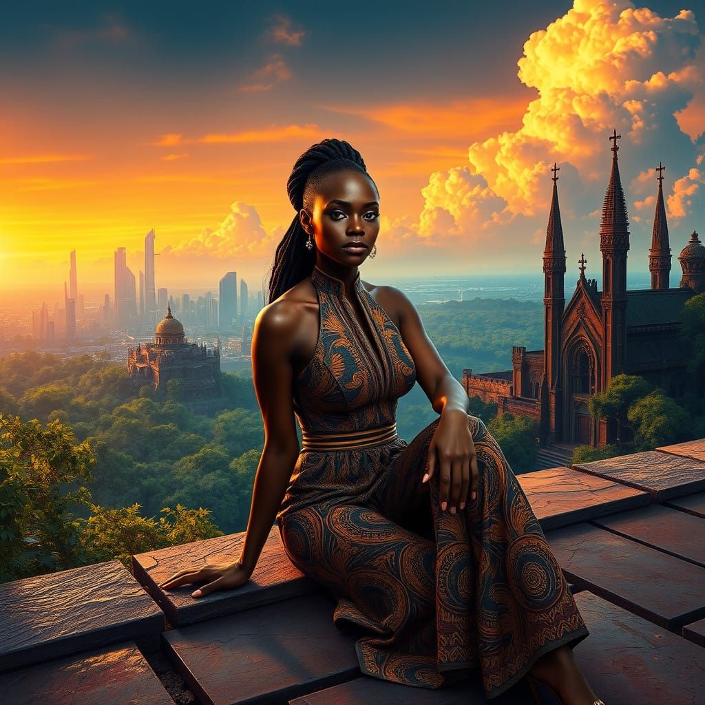 Regal African Woman in Dystopian Landscape