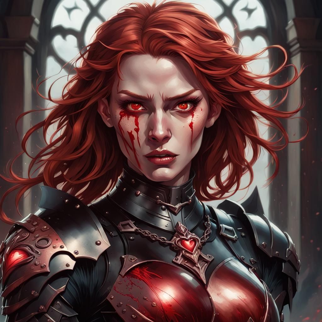 Intense Portrait of Armored Woman in Dramatic Lighting