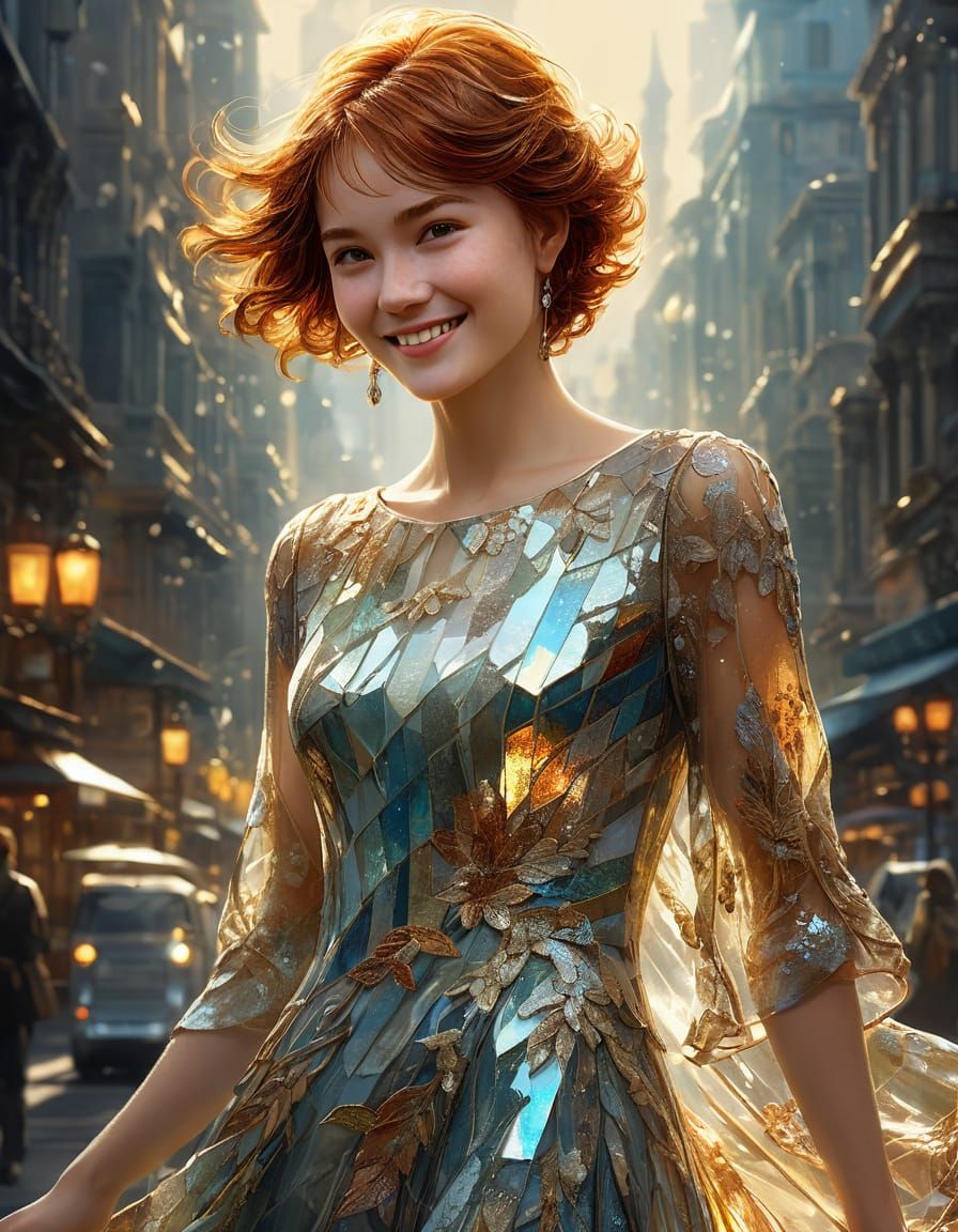 Woman in Shimmering Glass Dress, Detailed Concept Art