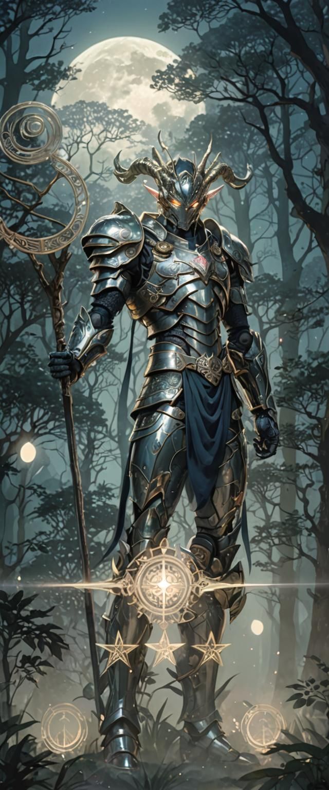 Heroic Anime Character in Moonlit Forest