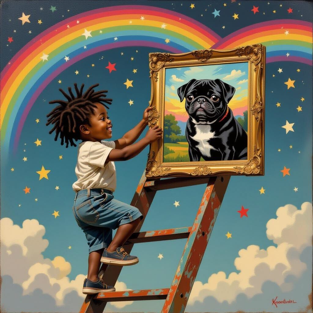 Boy Climbs to Rainbow with Painting in Hand