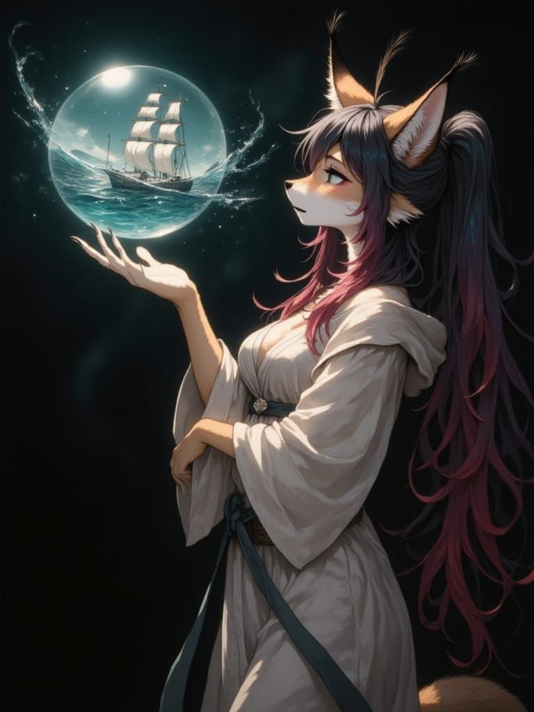 Anime Lynx Conjuring Water as Abstract Watercolour