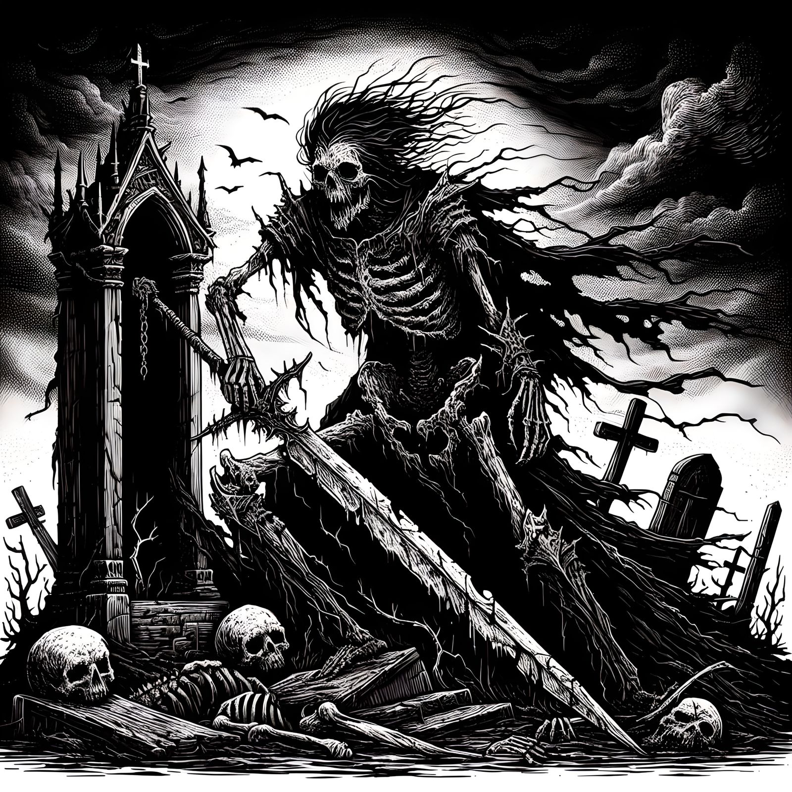 Monochrome Skeleton Warrior in Decaying Graveyard