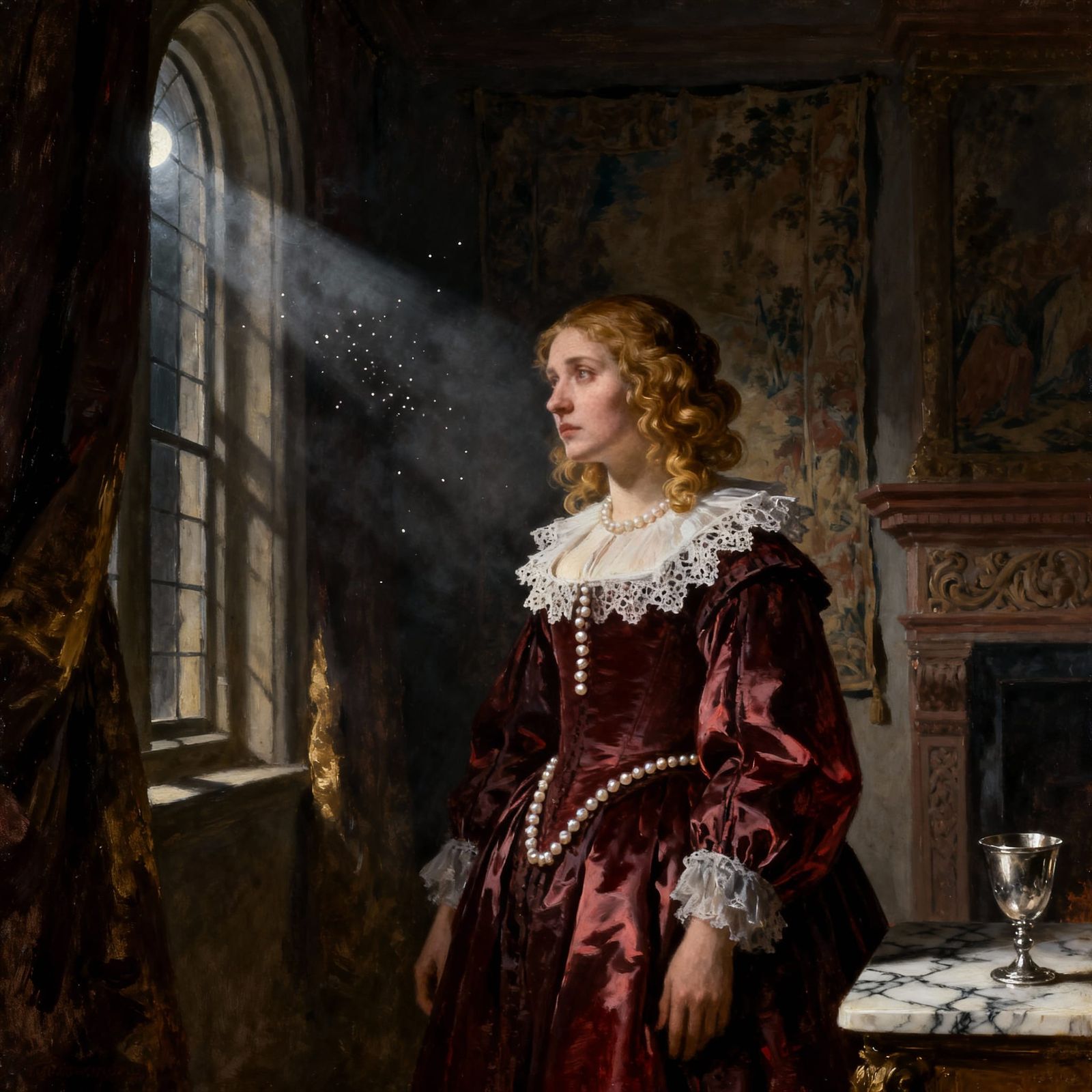 17th Century Noblewoman in Moonlit Room