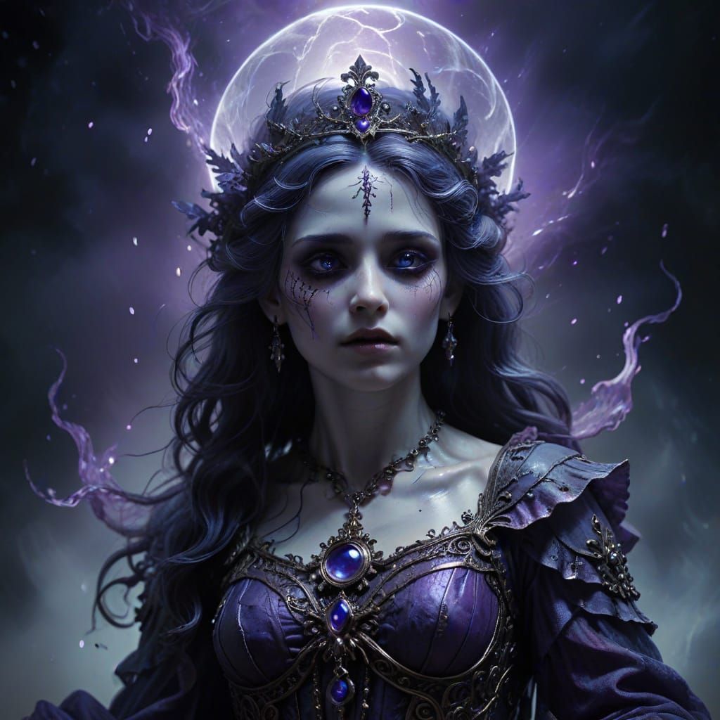 Fallen Saint Dissolving into Indigo Mist with Violet Eyes