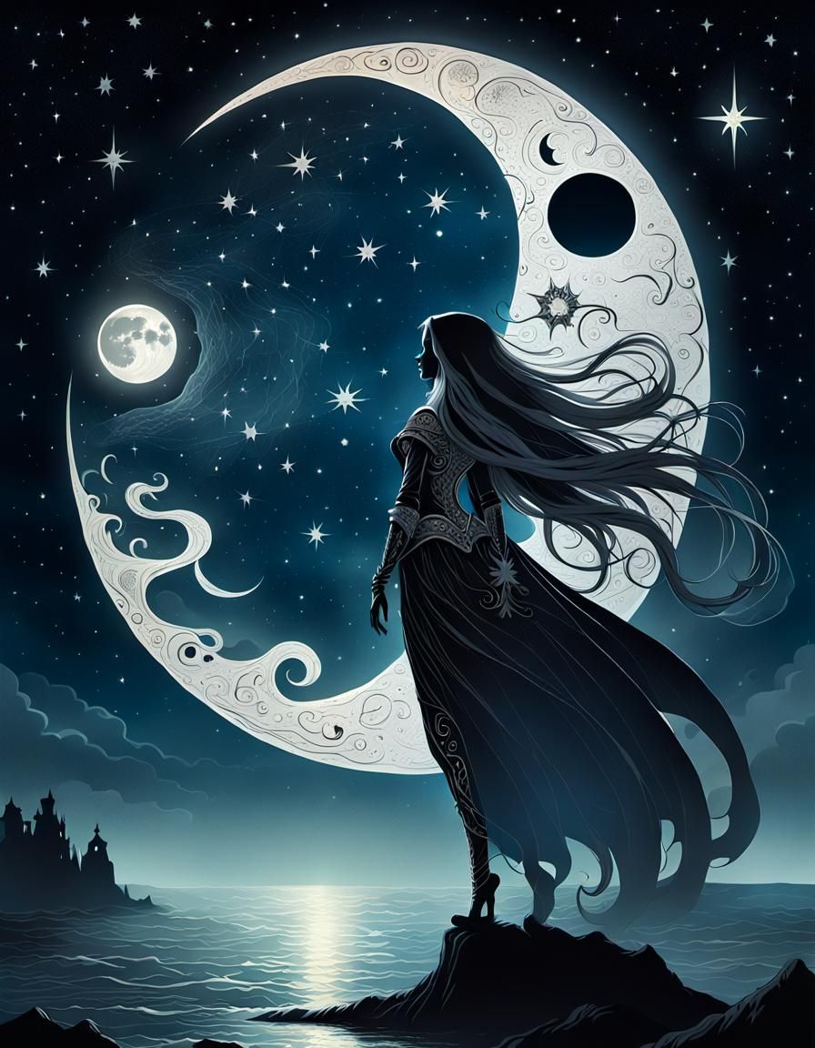 Moonlit Silhouette of Lady Death Soaring Night Sky