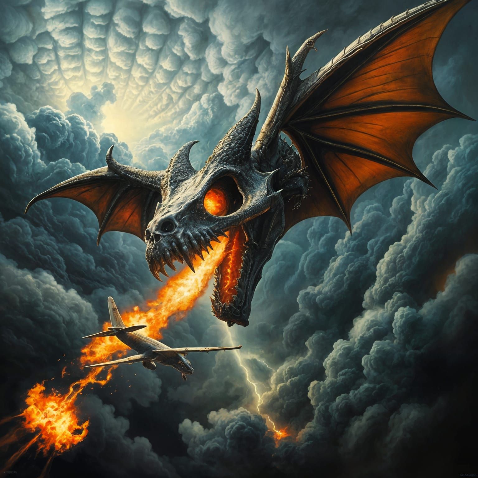 Frazetta-Inspired Dragon Skull Battles Airplane in Stormy Sk...