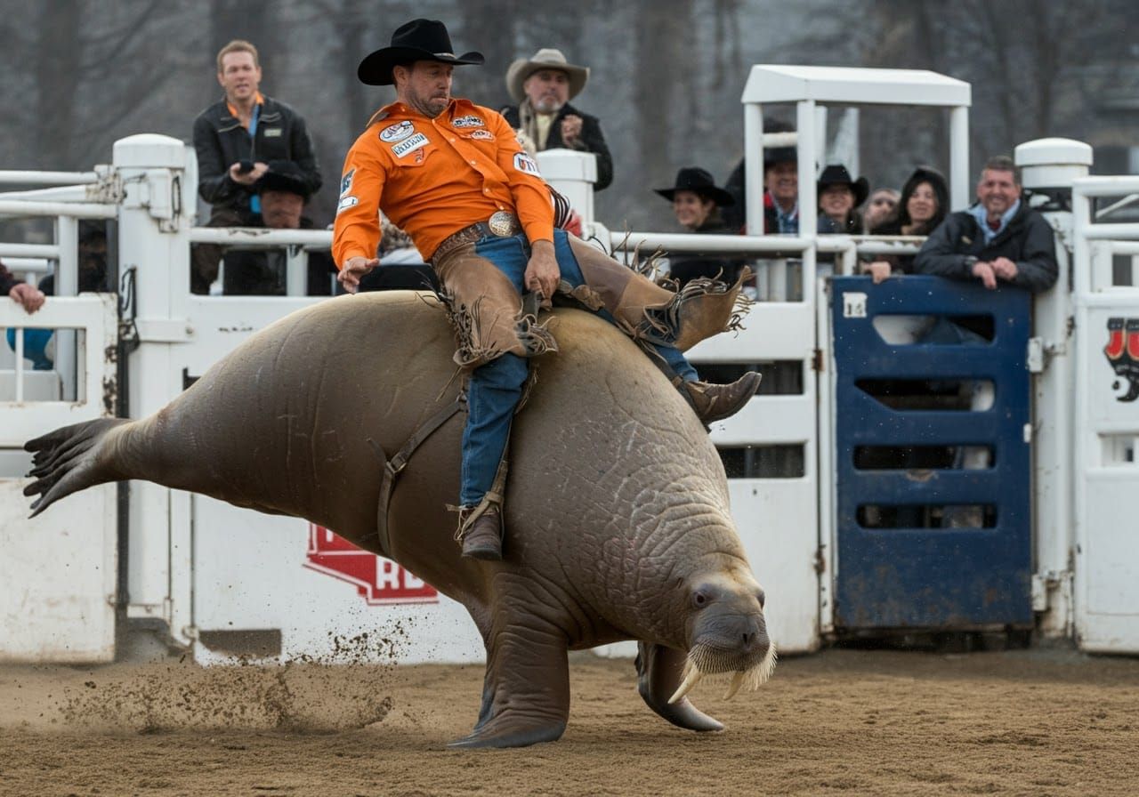 Cowboy Rides a Bucking Walrus in Rodeo Action