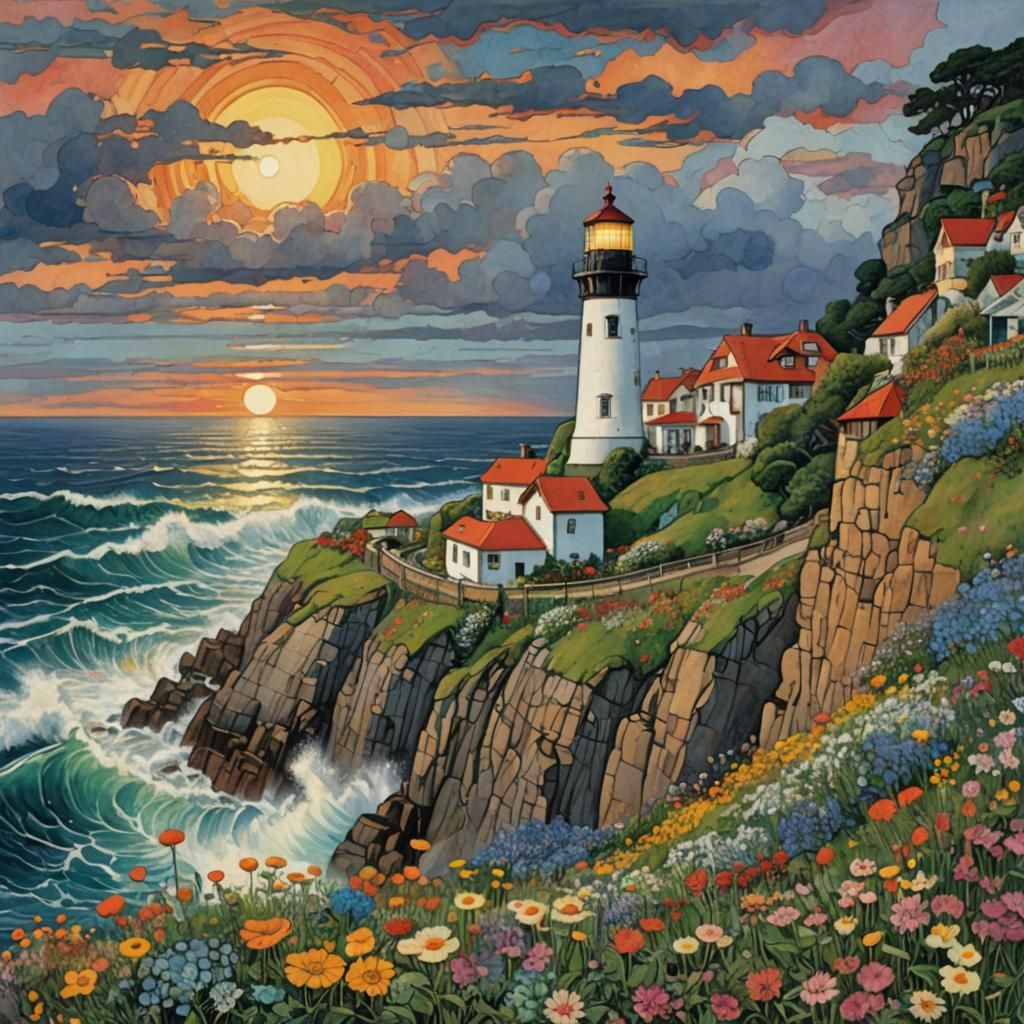 Colorful Lighthouse Sunset Seascape
