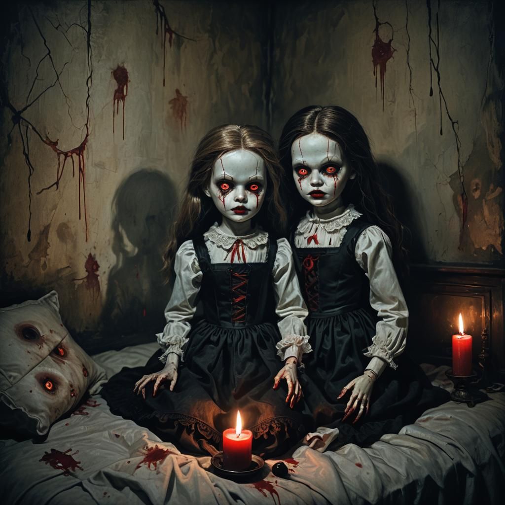 Eerie Dolls with Red Eyes in Gothic Horror Painting